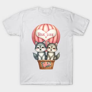 Valentine Wolf Couple On Hot Air Balloon T-Shirt